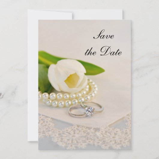 Witte Tulppaaltjes en ringhuwelijk sparen de datum Save The Date (Voorkant)