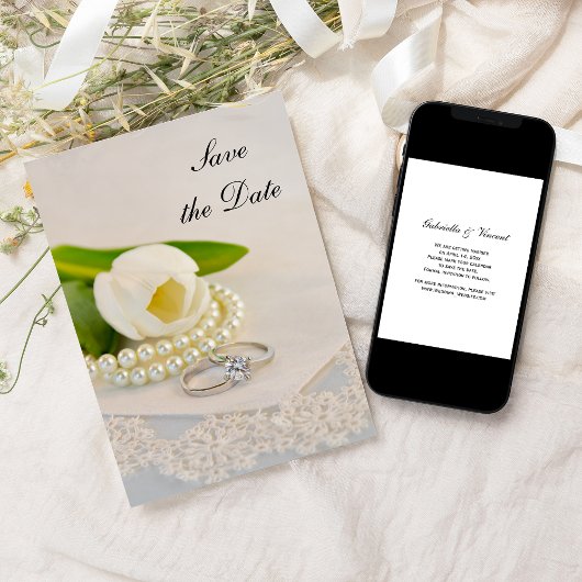 Witte Tulppaaltjes en ringhuwelijk sparen de datum Save The Date