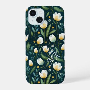 Witte Tuplips en Groene Bloemen Personaliseren iPhone 15 Case