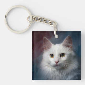 Witte Turkse Angorakat Rood Blauw Sleutelhanger
