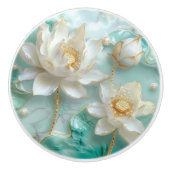 Witte Turquoise Aquamarijn Gouden Lotus Lelie Bloe Keramische Knop (Voorkant)