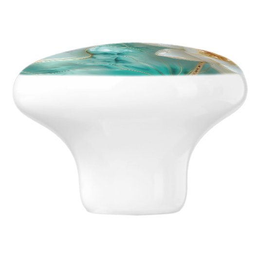 Witte Turquoise Aquamarijn Gouden Lotus Lelie Bloe Keramische Knop (Zijkant)