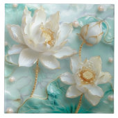 Witte Turquoise Aquamarijn Gouden Lotus Lelie Bloe Tegeltje (Voorkant)
