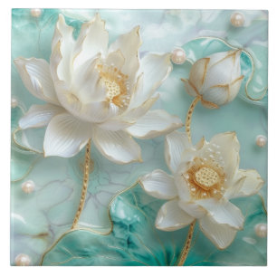 Witte Turquoise Aquamarijn Gouden Lotus Lelie Bloe Tegeltje