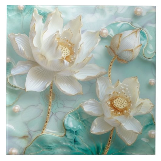 Witte Turquoise Aquamarijn Gouden Lotus Lelie Bloe Tegeltje (Voorkant)
