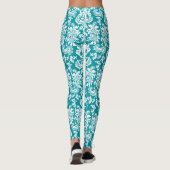 Witte & Turquoise-Blauwe Bloemendamast Leggings (Achterkant)