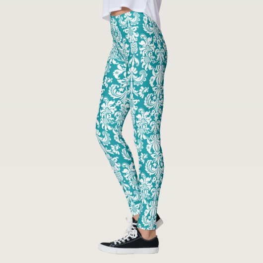 Witte & Turquoise-Blauwe Bloemendamast Leggings (Links)