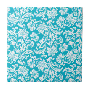 Witte & Turquoise  Bloemen Damasks Tegeltje