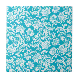 Witte & Turquoise  Bloemen Damasks Tegeltje
