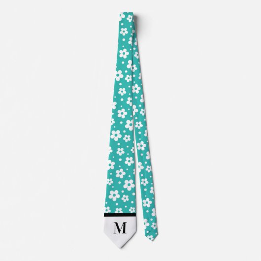 Witte & turquoise Daisies Monogramed stropdas (Voorkant)