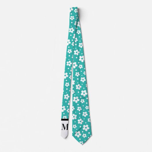 Witte & turquoise Daisies Monogramed stropdas (Achterkant)