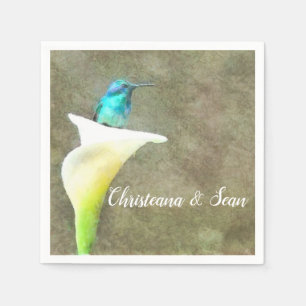 Witte Turquoise Hummingbird Lily Floral Waterverf Servet