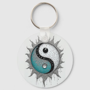 Witte Turquoise Yin Yang Met Stralende Details Sleutelhanger