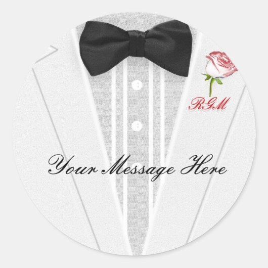 Witte Tuxedo met zwarte boog Stropdas Monogram Ronde Sticker (Voorkant)