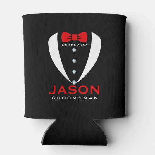 Witte Tuxedo Rode Boog Tie & Groomsman Tekst Blikjeskoeler (Achterkant)