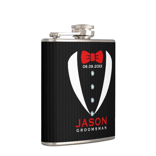 Witte Tuxedo Rode Boog Tie & Groomsman Tekst Heupfles (Rechts)