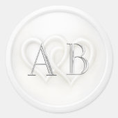 Witte Twee Harten Zilveren Monogram Bruiloft Ronde Sticker (Voorkant)
