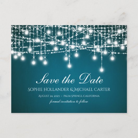 Witte Twinkle String Lights op Blauwgroen Briefkaart (Voorkant)