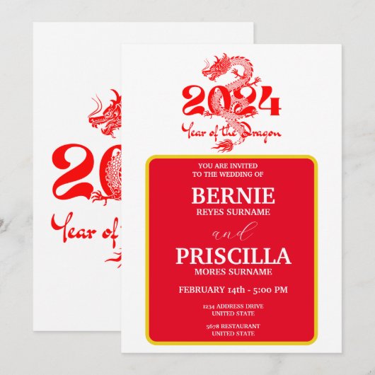 Witte typografie en jaar van de drakenbruiloft kaart (Voorkant / Achterkant)