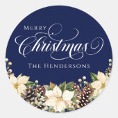 Witte Typografie Kerst Poinsettia blauw Ronde Sticker (Voorkant)