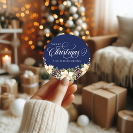 Witte Typografie Kerst Poinsettia blauw Ronde Sticker