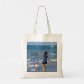 Witte Typografie Love the Blue Zee Foto Tote Bag (Achterkant)
