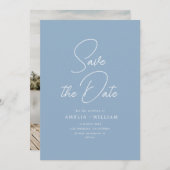 witte typografie stoffige blauwe bruiloft save the date (Voorkant / Achterkant)