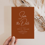 witte typografie terracotta bruiloft save the date<br><div class="desc">Bohemian terracotta ontwerp met stijlvolle moderne belettering. Onze mooie gepersonaliseerde bruiloft bewaar de datumkaarten zijn voorzien van een prachtig ontwerp dat elk huwelijksthema aanvult. De voorkant van de kaart is voorzien van een gepersonaliseerde tekst,  samen met een prachtig afbeelding.</div>