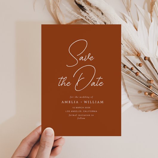 witte typografie terracotta bruiloft save the date