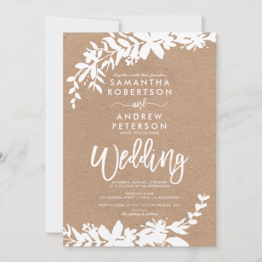 Witte typografileaf floral kraft bruiloft kaart (Voorkant)