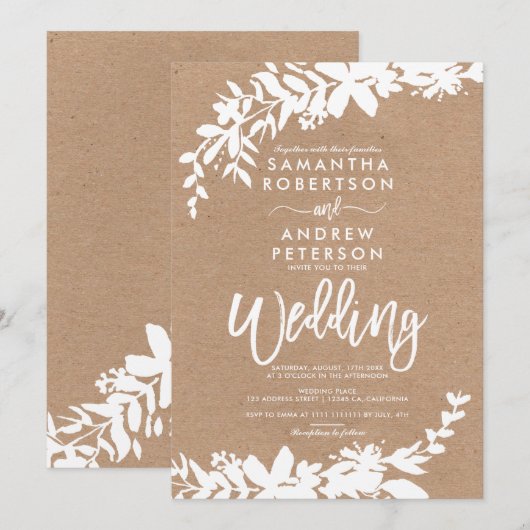 Witte typografileaf floral kraft bruiloft kaart (Voorkant / Achterkant)