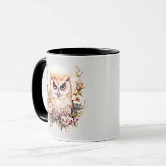 Witte Uil  Bloemen en Bladeren Grijs Halloween Mok (Voorkant links)