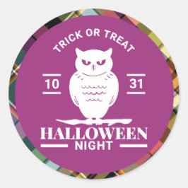 Witte Uil Halloween Nacht Kleurrijke Geruite Stof Ronde Sticker