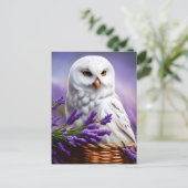 Witte Uil in Lavendel, Postcrossing Briefkaart (Staand voorkant)