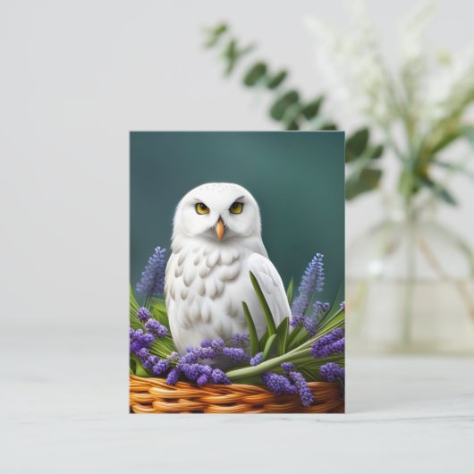 Witte Uil in Lavendel, Postcrossing Briefkaart (Staand voorkant)