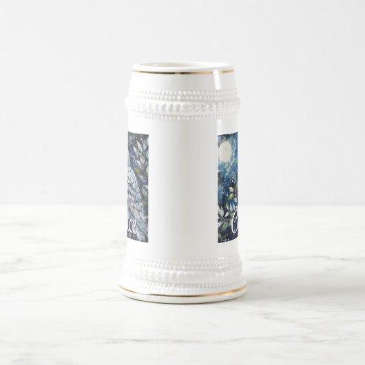 Witte uil op tak in maanlicht gepersonaliseerd bierpul (Center)