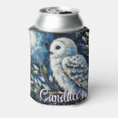 Witte uil op tak in maanlicht gepersonaliseerd blikjeskoeler (Blikje Achterkant)