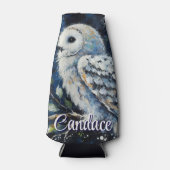 Witte uil op tak in maanlicht gepersonaliseerd flesjeskoeler (Voorkant)