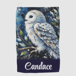 Witte uil op tak in maanlicht gepersonaliseerd golfhanddoek