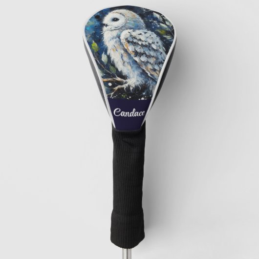 Witte uil op tak in maanlicht gepersonaliseerd golfheadcover (Voorkant)