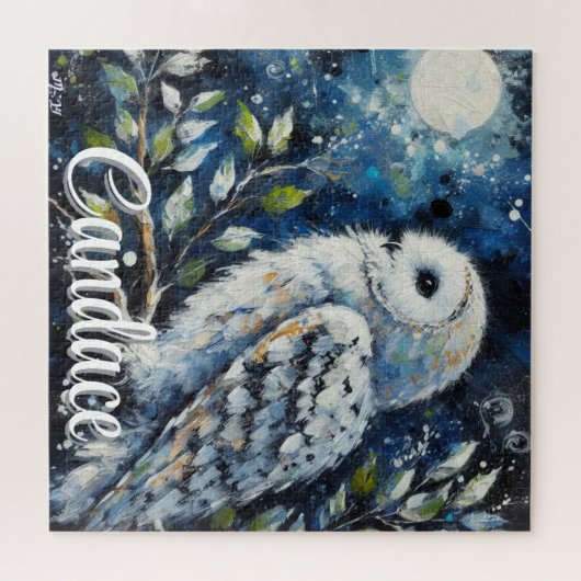 Witte uil op tak in maanlicht gepersonaliseerd legpuzzel (Horizontaal)