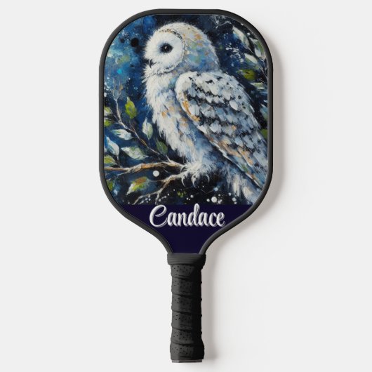 Witte uil op tak in maanlicht gepersonaliseerd pickleball paddle (Voorkant)