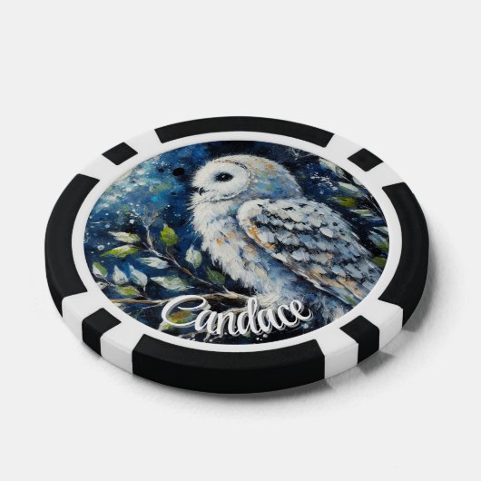 Witte uil op tak in maanlicht gepersonaliseerd poker chips (Enkel)