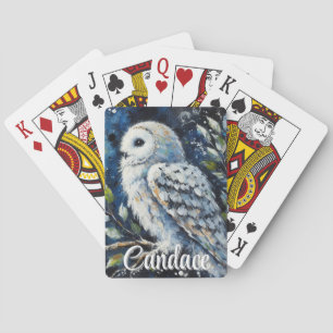 Witte uil op tak in maanlicht gepersonaliseerd pokerkaarten