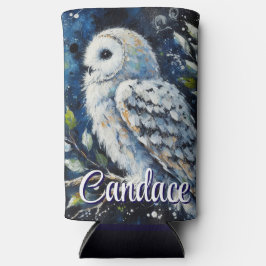 Witte uil op tak in maanlicht gepersonaliseerd seltzer blikjeskoeler