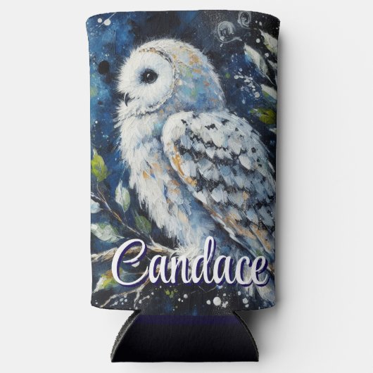 Witte uil op tak in maanlicht gepersonaliseerd seltzer blikjeskoeler (Voorkant)