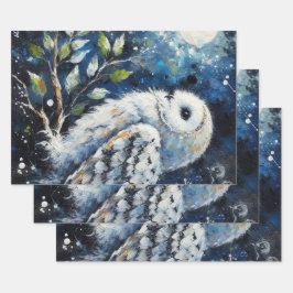 Witte uil op tak in maanlicht ontkoppeling inpakpapier vel