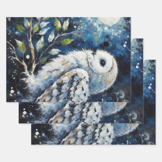 Witte uil op tak in maanlicht ontkoppeling inpakpapier vel (Set)