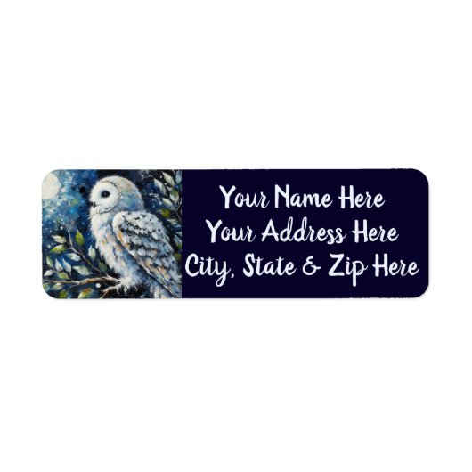 Witte uil op tak in maanlicht retouradres etiket (Voorkant)