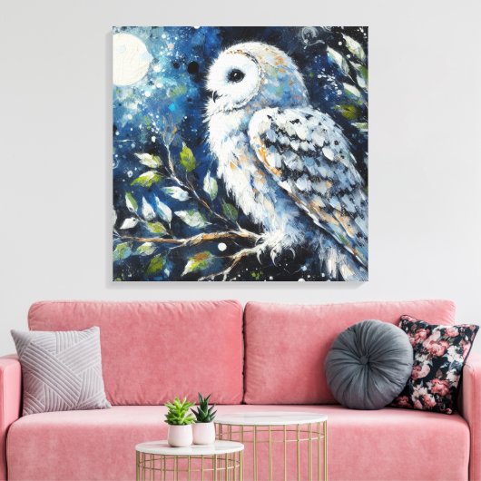 Witte Uil op tak in maanlicht schilderen Canvas Afdruk (Insitu (Woonkamer))